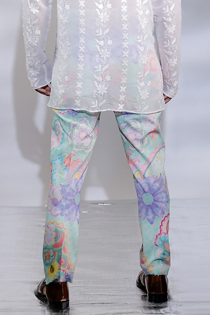 Mint Green Crepe Printed Pants by Jubinav Chadha Men at Pernia's Pop Up Shop