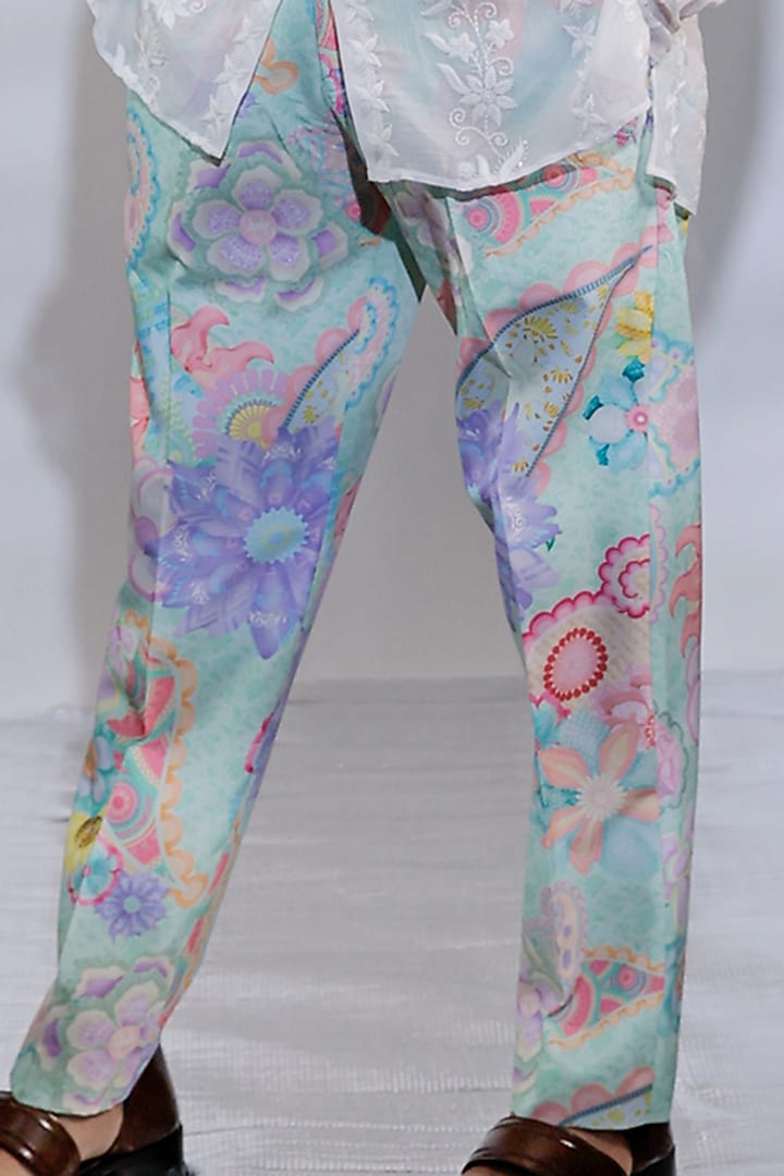 Mint Green Crepe Printed Pants by Jubinav Chadha Men at Pernia's Pop Up Shop