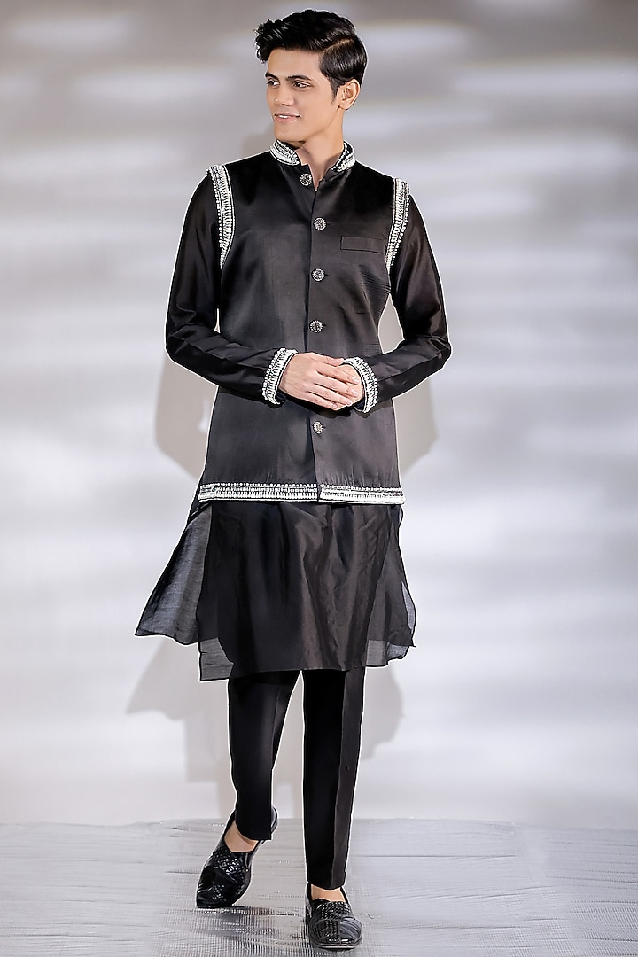 Black Cotton Silk Pearl Embroidered Nehru Jacket Set by Jubinav Chadha Men at Pernia's Pop Up Shop