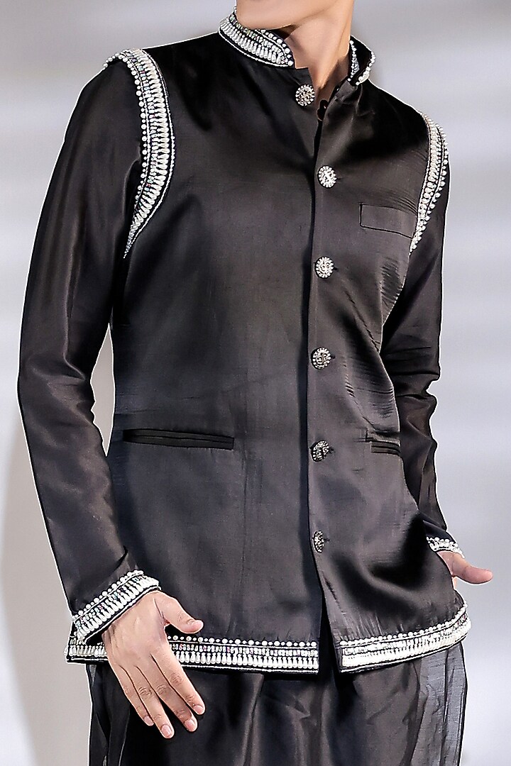 Black Cotton Silk Pearl Embroidered Nehru Jacket Set by Jubinav Chadha Men at Pernia's Pop Up Shop