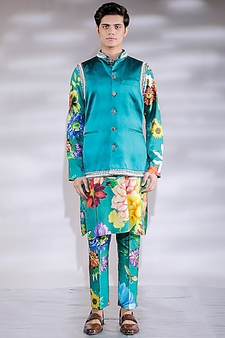 Green Cotton Silk Pearl Embroidered Nehru Jacket Set by Jubinav Chadha Men