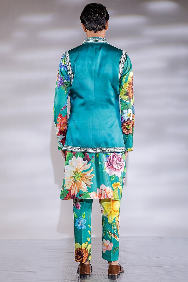 Green Cotton Silk Pearl Embroidered Nehru Jacket Set by Jubinav Chadha Men at Pernia's Pop Up Shop