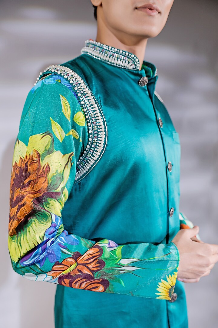 Green Cotton Silk Pearl Embroidered Nehru Jacket Set by Jubinav Chadha Men at Pernia's Pop Up Shop