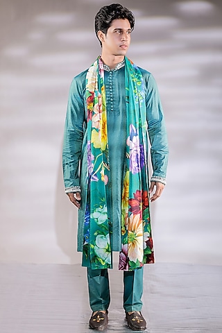 Green Cotton Silk Pearl Embroidered Kurta Set by Jubinav Chadha Men