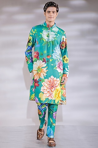 Green Cotton Silk Floral Printed Kurta Set by Jubinav Chadha Men