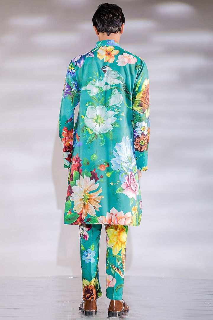 Green Cotton Silk Floral Printed Kurta Set by Jubinav Chadha Men at Pernia's Pop Up Shop