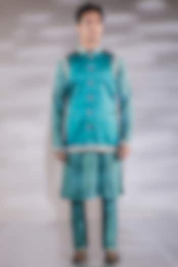 Green Satin Pearl Embroidered Nehru Jacket Set by Jubinav Chadha Men at Pernia's Pop Up Shop