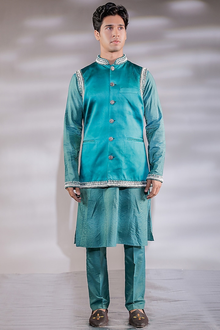 Green Satin Pearl Embroidered Nehru Jacket Set by Jubinav Chadha Men at Pernia's Pop Up Shop