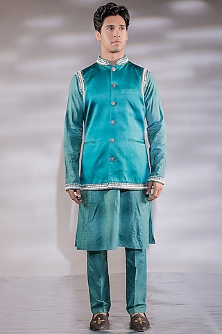 Green Satin Pearl Embroidered Nehru Jacket Set by Jubinav Chadha Men