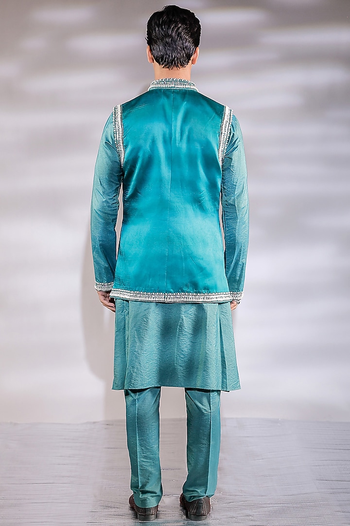 Green Satin Pearl Embroidered Nehru Jacket Set by Jubinav Chadha Men at Pernia's Pop Up Shop
