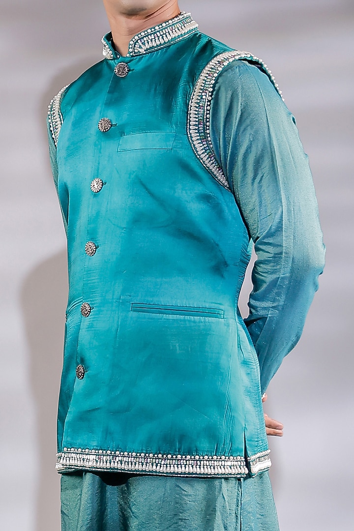 Green Satin Pearl Embroidered Nehru Jacket Set by Jubinav Chadha Men at Pernia's Pop Up Shop
