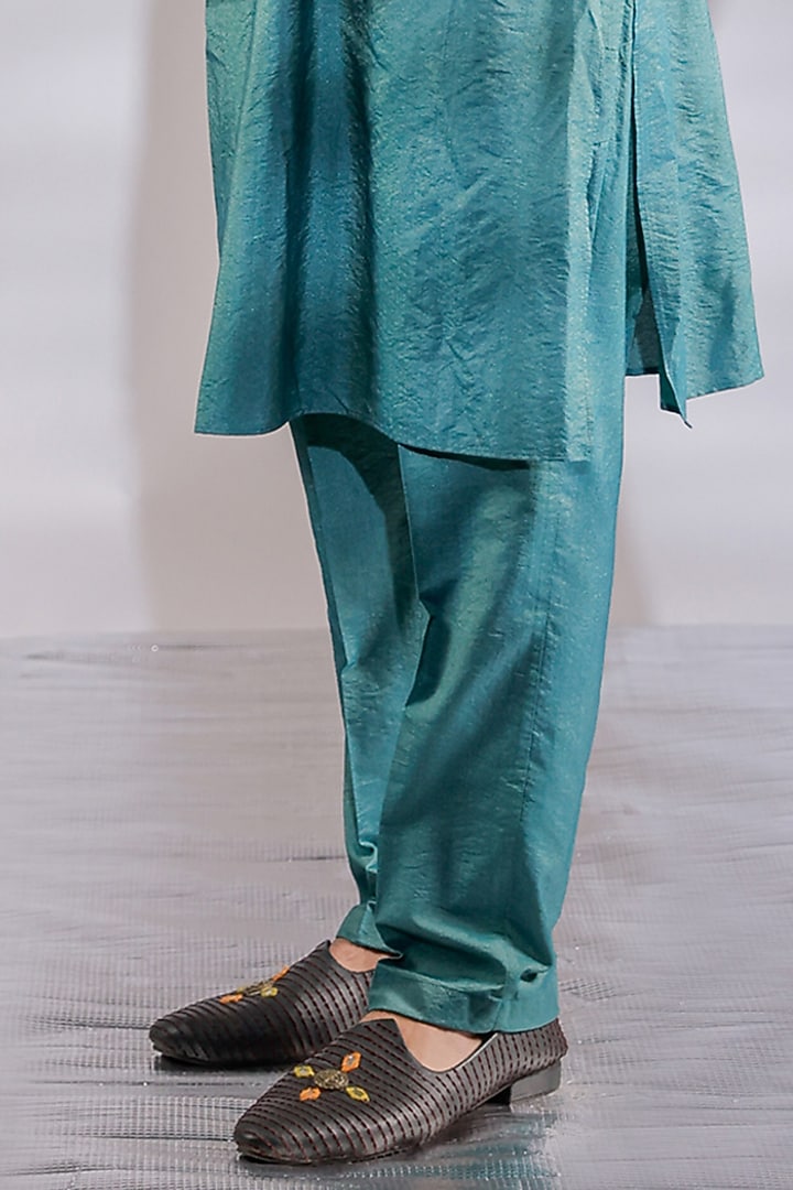 Green Satin Pearl Embroidered Nehru Jacket Set by Jubinav Chadha Men at Pernia's Pop Up Shop