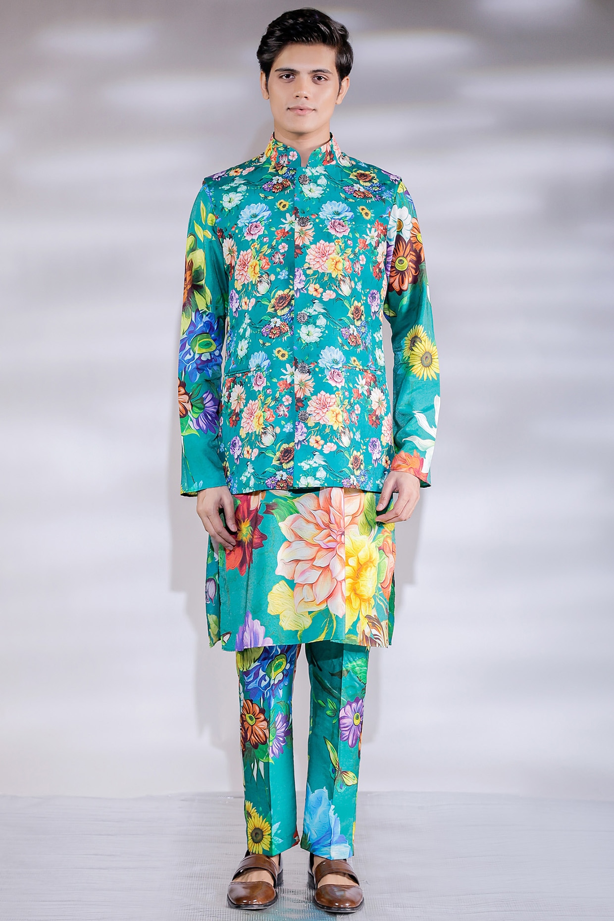 Green Cotton Silk Floral Printed Nehru Jacket Set Design by Jubinav Chadha  Men at Pernia's Pop Up Shop 2024