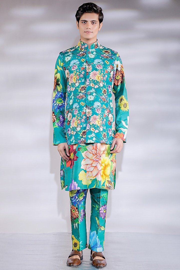 Green Cotton Silk Floral Digital Printed Nehru Jacket Set by Jubinav Chadha Men at Pernia's Pop Up Shop