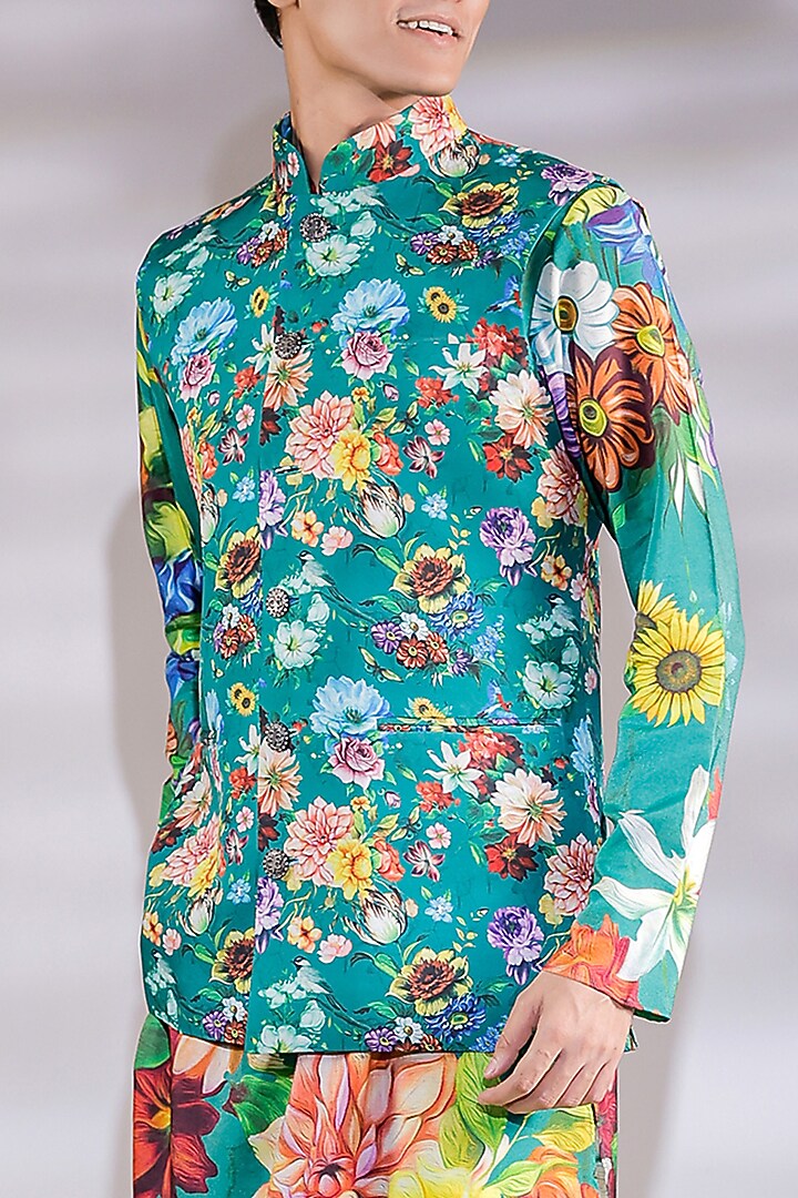 Green Cotton Silk Floral Digital Printed Nehru Jacket Set by Jubinav Chadha Men at Pernia's Pop Up Shop