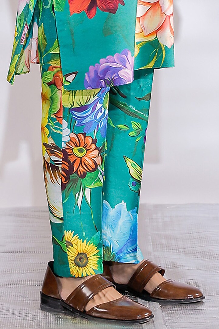 Green Cotton Silk Floral Digital Printed Nehru Jacket Set by Jubinav Chadha Men at Pernia's Pop Up Shop