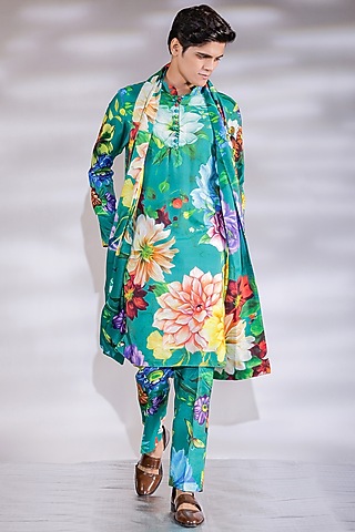 Green Cotton Silk Floral Printed Kurta Set by Jubinav Chadha Men