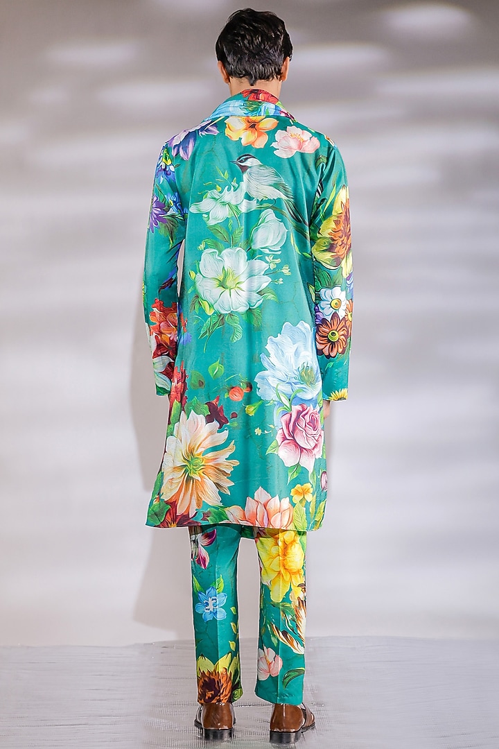 Green Cotton Silk Floral Printed Kurta Set by Jubinav Chadha Men at Pernia's Pop Up Shop
