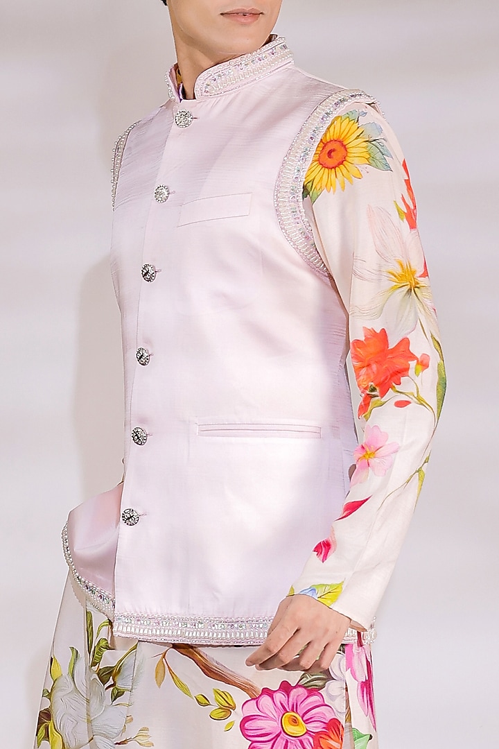Blush Pink Satin Pearl Embroidered Nehru Jacket Set by Jubinav Chadha Men at Pernia's Pop Up Shop