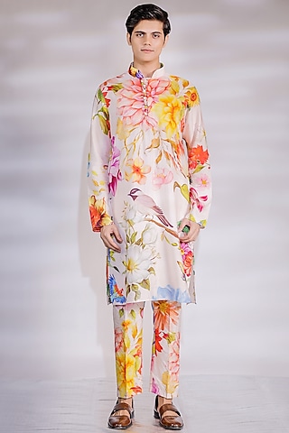 Blush Pink Cotton Silk Floral Printed Kurta Set by Jubinav Chadha Men