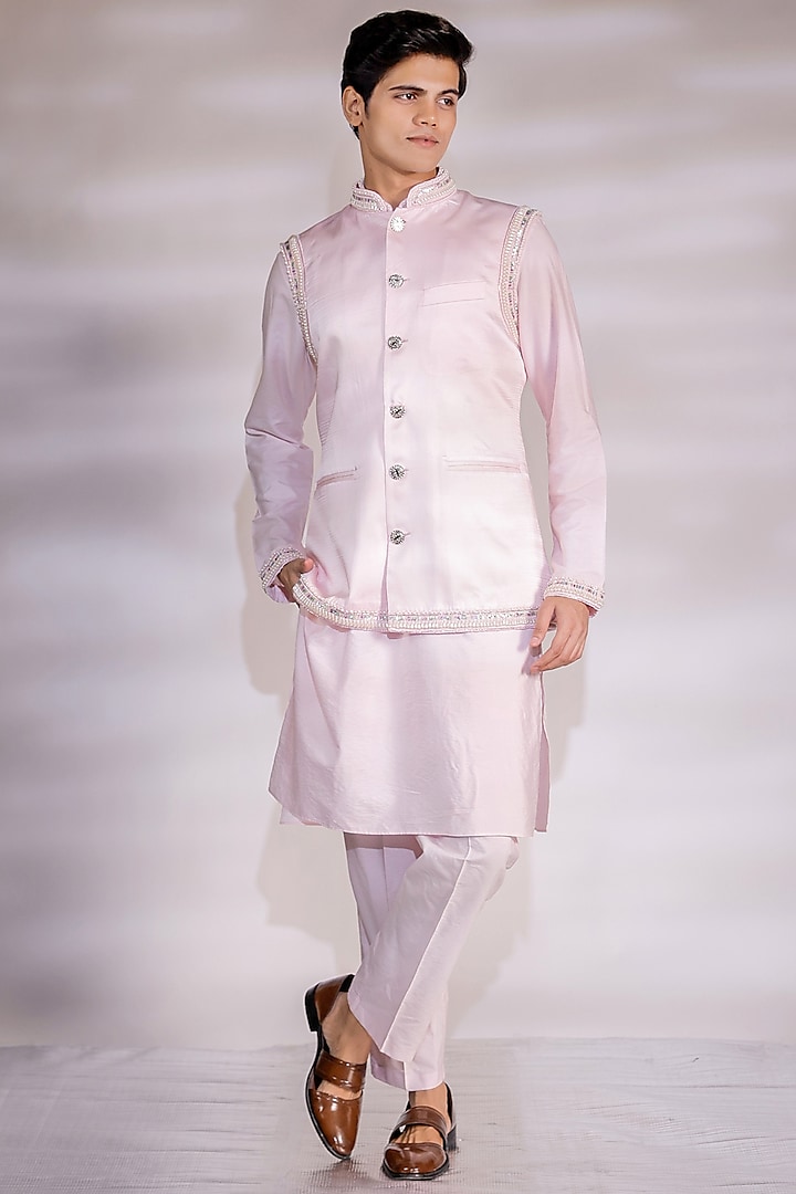 Blush Pink Satin Pearl Embroidered Nehru Jacket Set by Jubinav Chadha Men at Pernia's Pop Up Shop