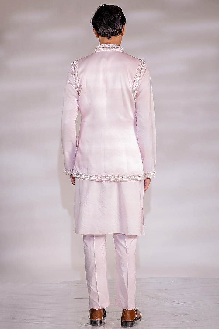 Blush Pink Satin Pearl Embroidered Nehru Jacket Set by Jubinav Chadha Men at Pernia's Pop Up Shop