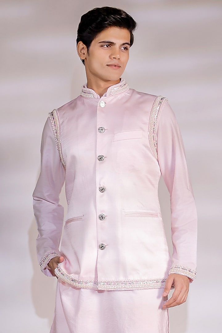 Blush Pink Satin Pearl Embroidered Nehru Jacket Set by Jubinav Chadha Men at Pernia's Pop Up Shop