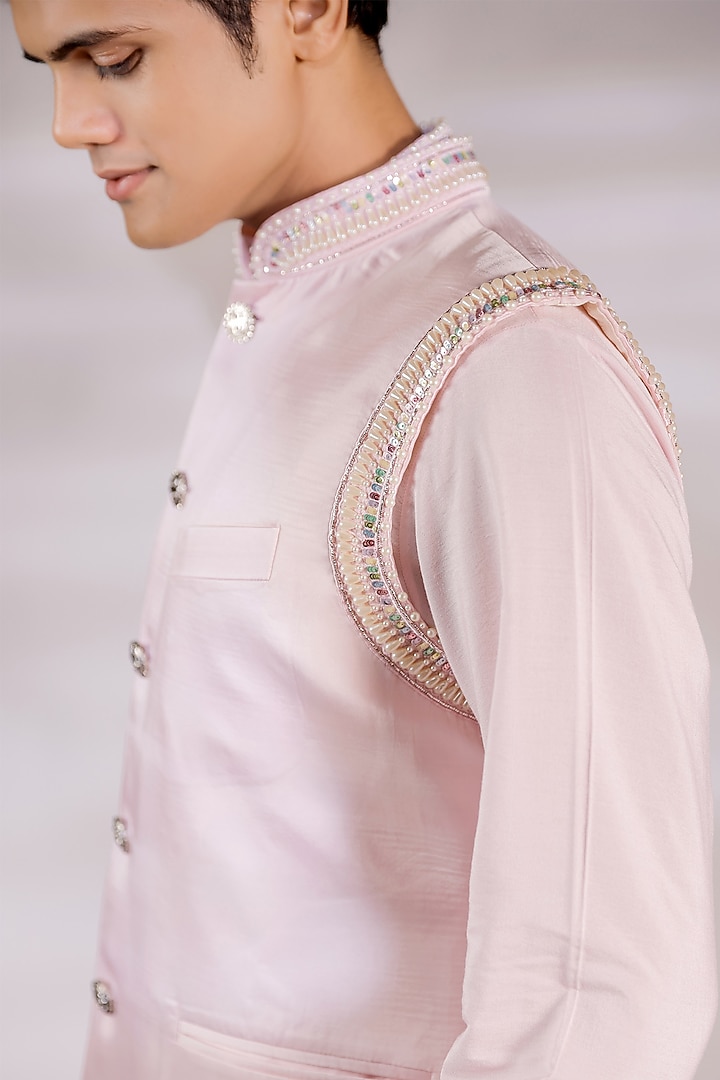 Blush Pink Satin Pearl Embroidered Nehru Jacket Set by Jubinav Chadha Men at Pernia's Pop Up Shop