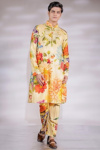 Yellow Cotton Silk Floral Printed Kurta Set by Jubinav Chadha Men