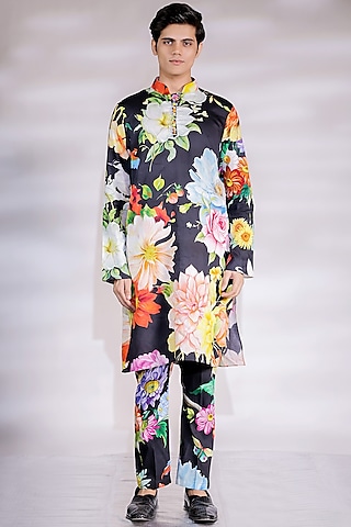 Black Cotton Silk Floral Printed Kurta Set by Jubinav Chadha Men