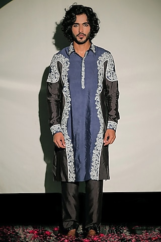 Blue Silk Embroidered Color Block Kurta Set by Jubinav Chadha Men