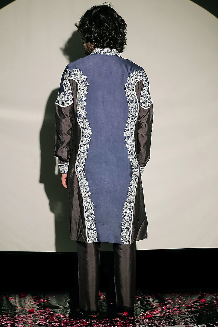 Blue Silk Embroidered Color Block Kurta Set by Jubinav Chadha Men at Pernia's Pop Up Shop