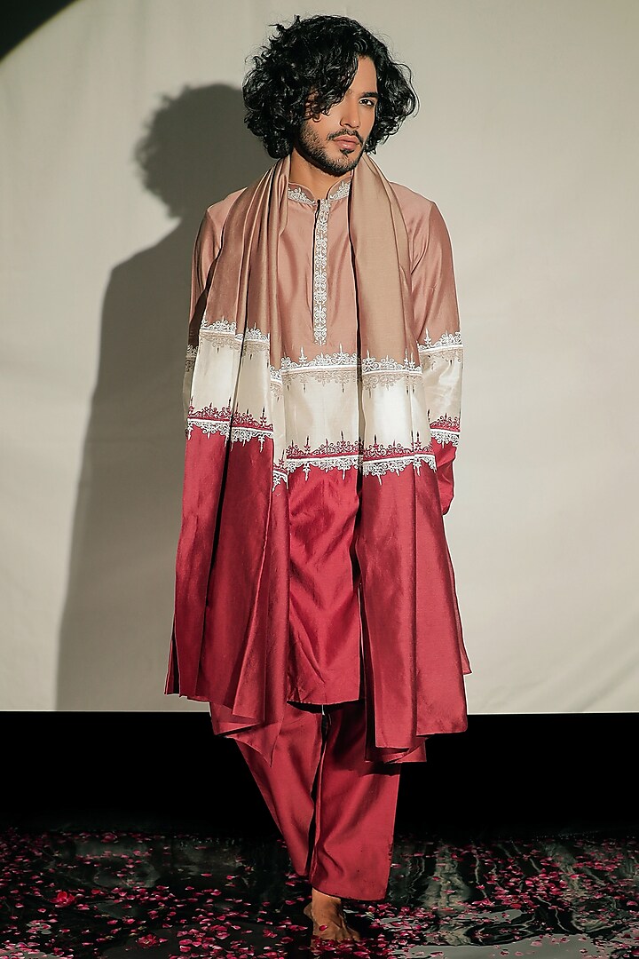 Multi-Coloured Color Block Silk Chanderi Resham Embroidered Kurta Set by Jubinav Chadha Men