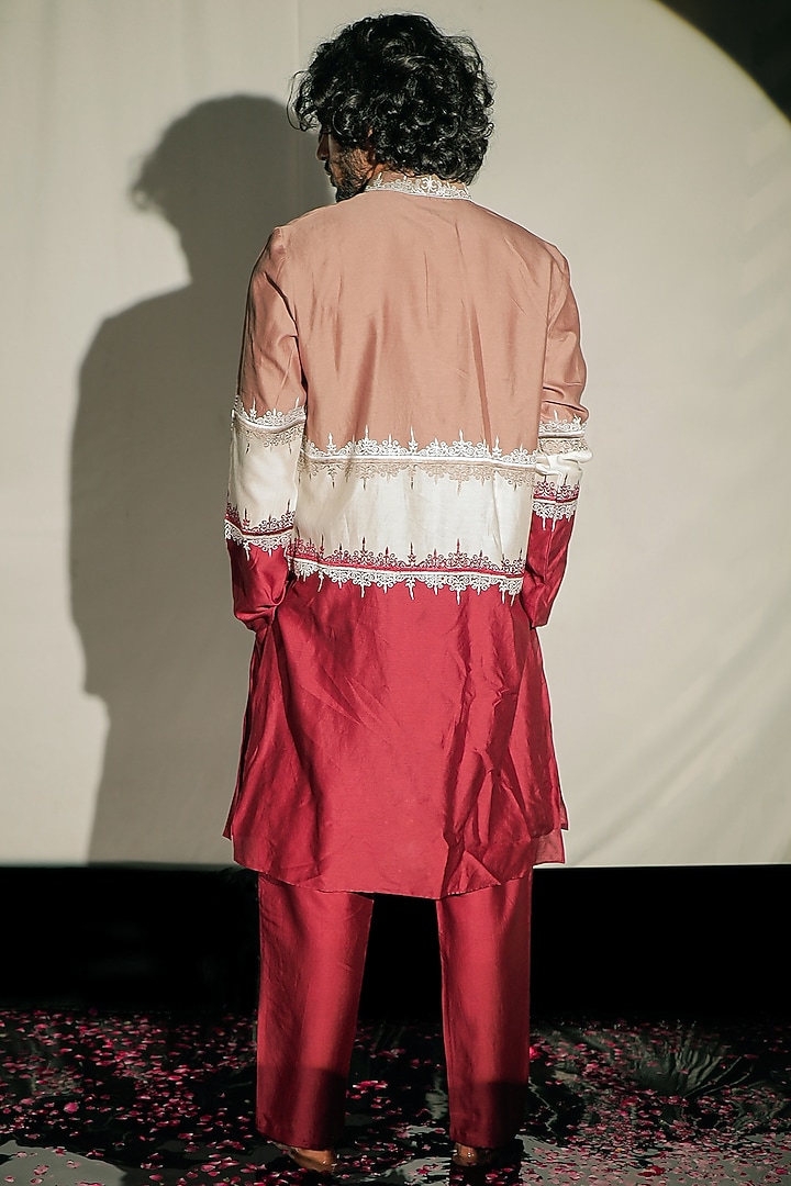 Multi-Coloured Color Block Silk Chanderi Resham Embroidered Kurta Set by Jubinav Chadha Men at Pernia's Pop Up Shop