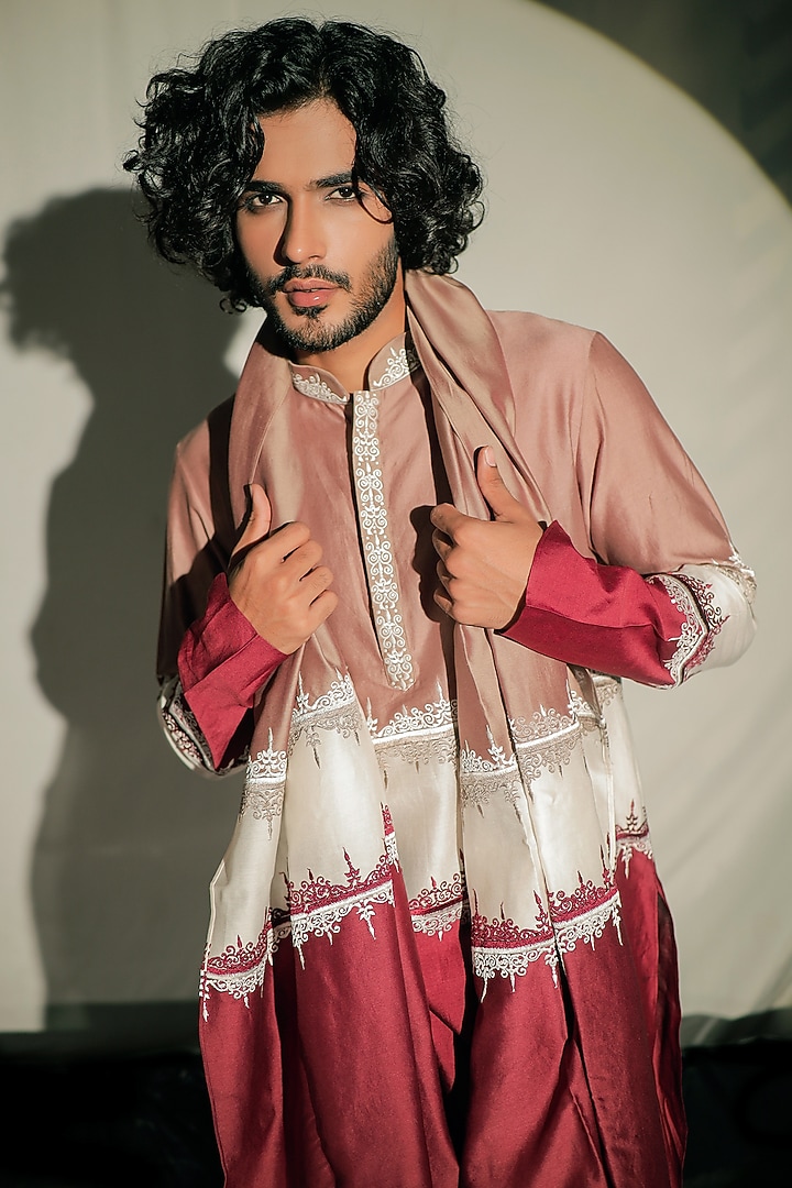 Multi-Coloured Color Block Silk Chanderi Resham Embroidered Kurta Set by Jubinav Chadha Men at Pernia's Pop Up Shop