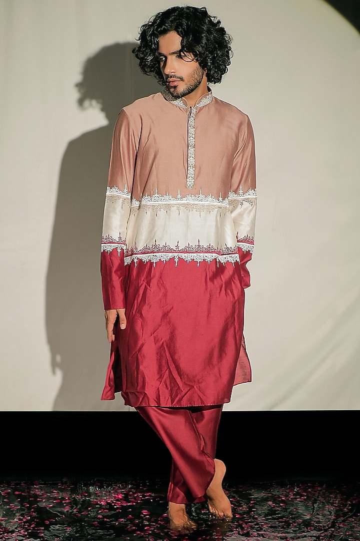 Multi-Coloured Color Block Silk Chanderi Resham Embroidered Kurta Set by Jubinav Chadha Men at Pernia's Pop Up Shop
