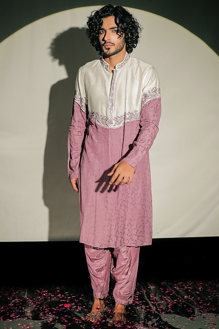 White & Purple Silk Resham Embroidered Color Block Kurta Set by Jubinav Chadha Men