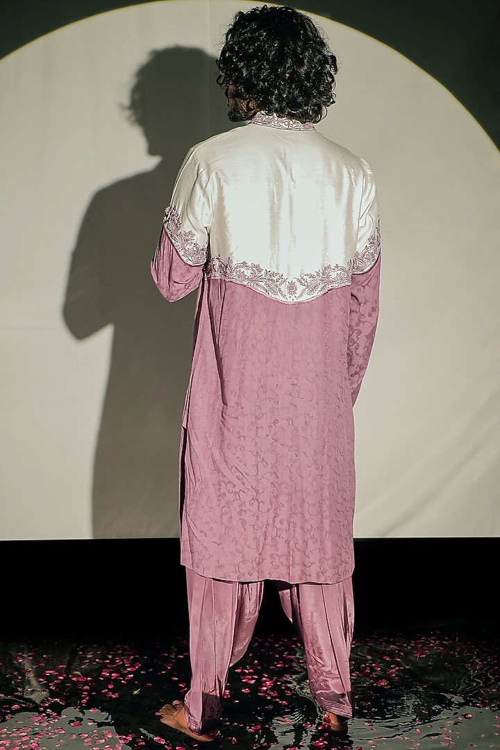 White & Purple Silk Resham Embroidered Color Block Kurta Set by Jubinav Chadha Men at Pernia's Pop Up Shop