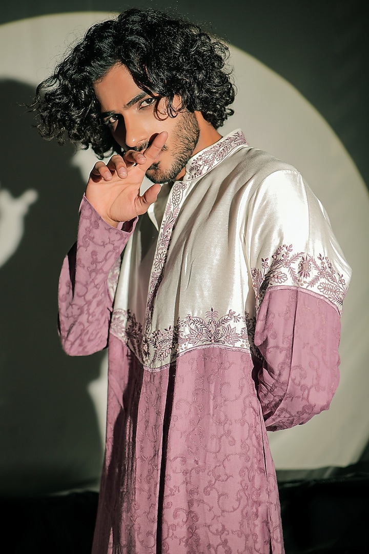 White & Purple Silk Resham Embroidered Color Block Kurta Set by Jubinav Chadha Men at Pernia's Pop Up Shop
