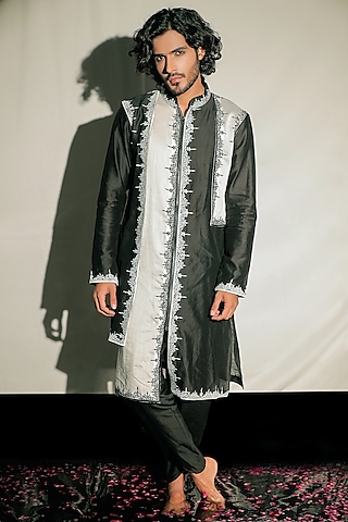Black & White Silk Chanderi Machine Embroidered Layered Kurta Set by Jubinav Chadha Men