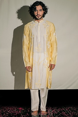 Yellow & White Silk Resham Embroidered Color Block Kurta Set by Jubinav Chadha Men