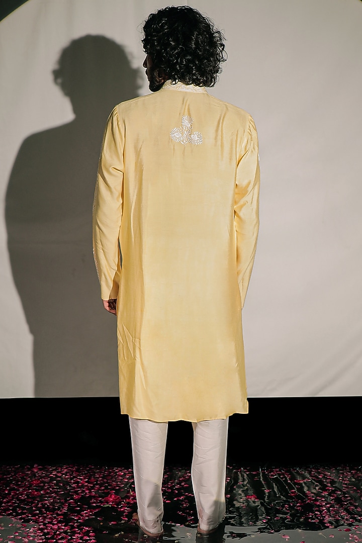Yellow & White Silk Resham Embroidered Color Block Kurta Set by Jubinav Chadha Men at Pernia's Pop Up Shop