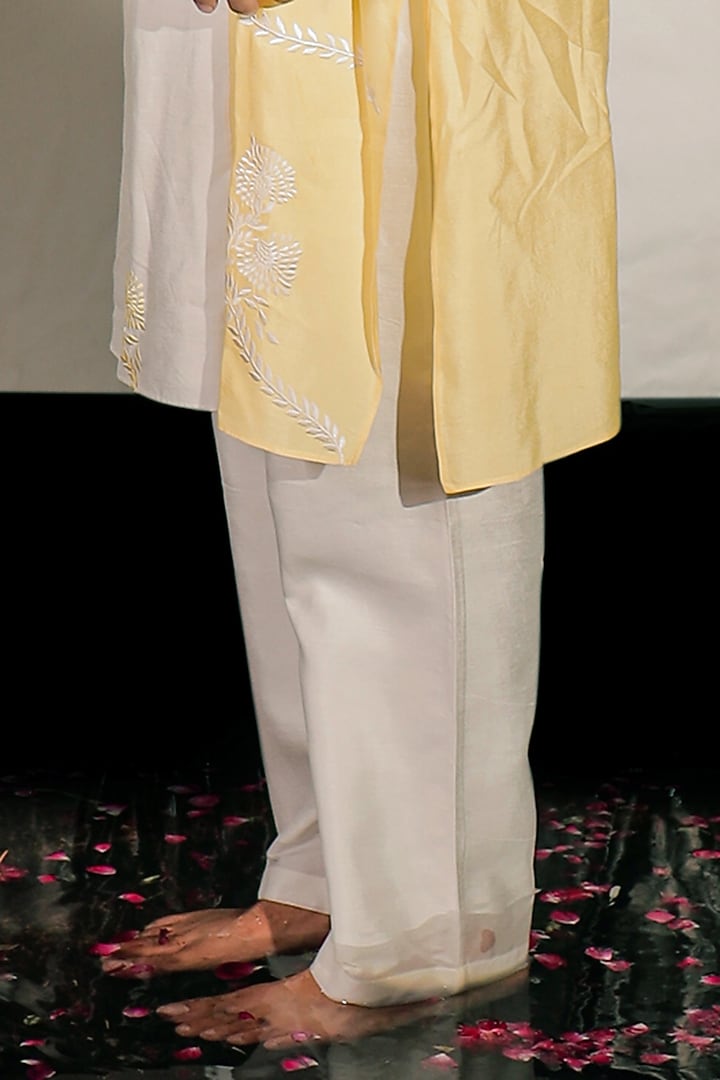 Yellow & White Silk Resham Embroidered Color Block Kurta Set by Jubinav Chadha Men at Pernia's Pop Up Shop