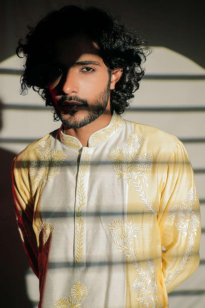 Yellow & White Silk Resham Embroidered Color Block Kurta Set by Jubinav Chadha Men at Pernia's Pop Up Shop