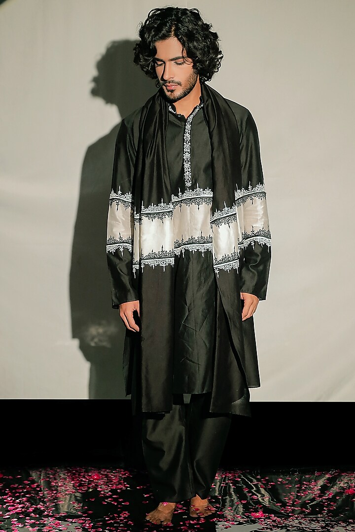 Black & White Silk Embroidered Kurta Set by Jubinav Chadha Men