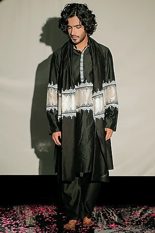 Black & White Silk Chanderi Resham Embroidered Colo Block Kurta Set by Jubinav Chadha Men