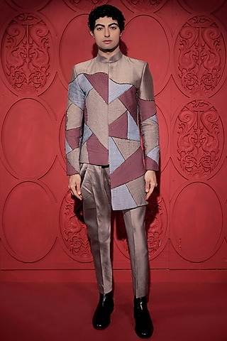 Multi-Colored Chanderi Color-Blocked Bandhgala Set by Jubinav Chadha Men