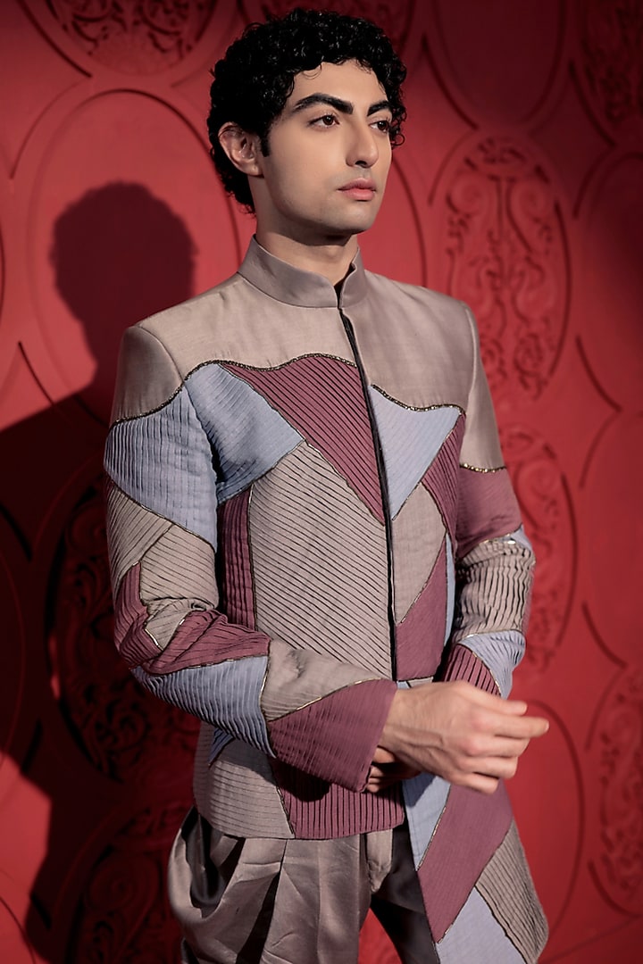 Multi-Colored Chanderi Color-Blocked Wedding Bandhgala Set by Jubinav Chadha Men at Pernia's Pop Up Shop