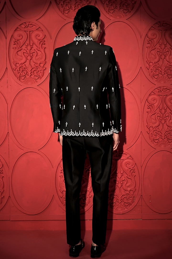 Black Silk Chanderi Mirror Embroidered Wedding Bandhgala Set by Jubinav Chadha Men at Pernia's Pop Up Shop