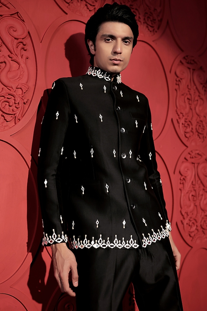 Black Silk Chanderi Mirror Embroidered Wedding Bandhgala Set by Jubinav Chadha Men at Pernia's Pop Up Shop